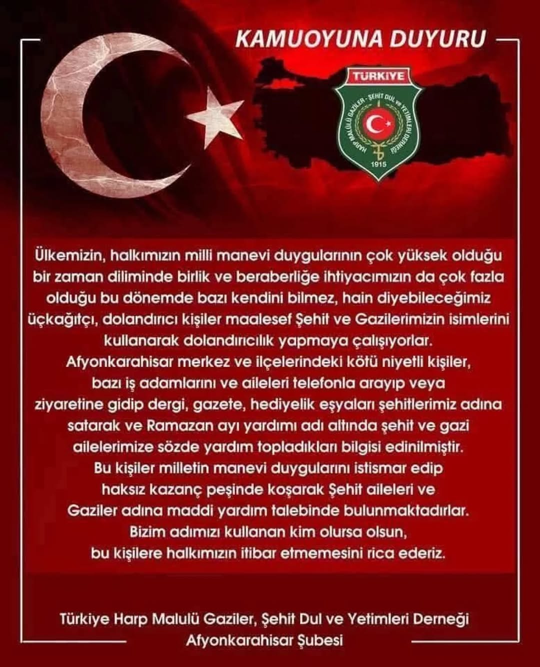 Afyon Şehit Gaziler Derneği'nden Önemli Uyarı